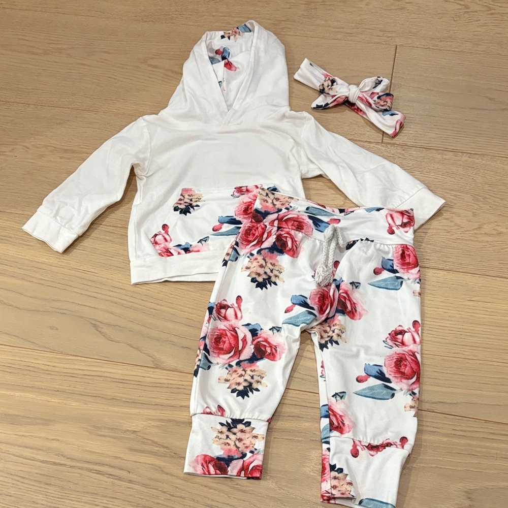 Charming Floral Hoodie and Pants Set with Headband